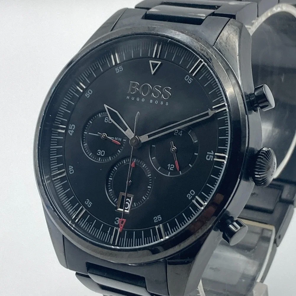 Boss Hugo Boss Men's Chronograph Watch 44mm Blackout Date 50M New Battery 7.75
